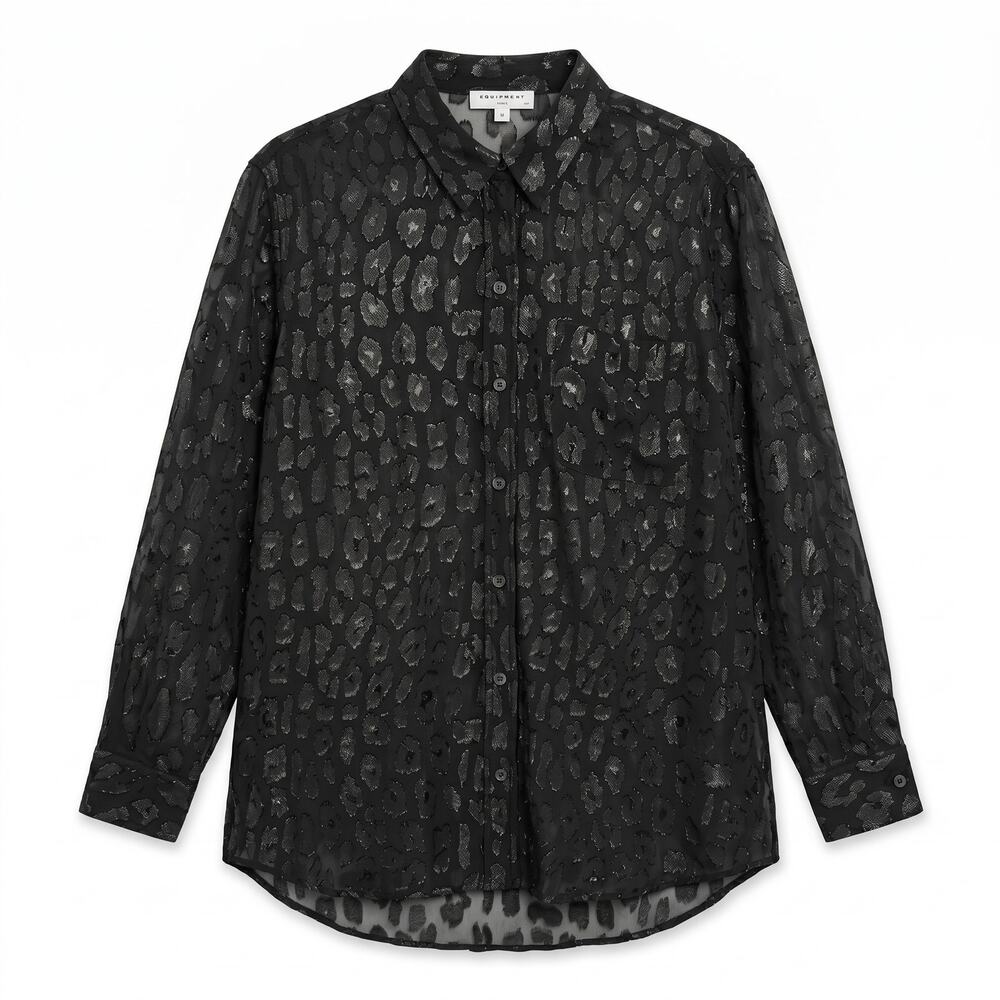 Equipment Paris Black Silk Metallic Leopard Blouse | Size M | Sheer Silk